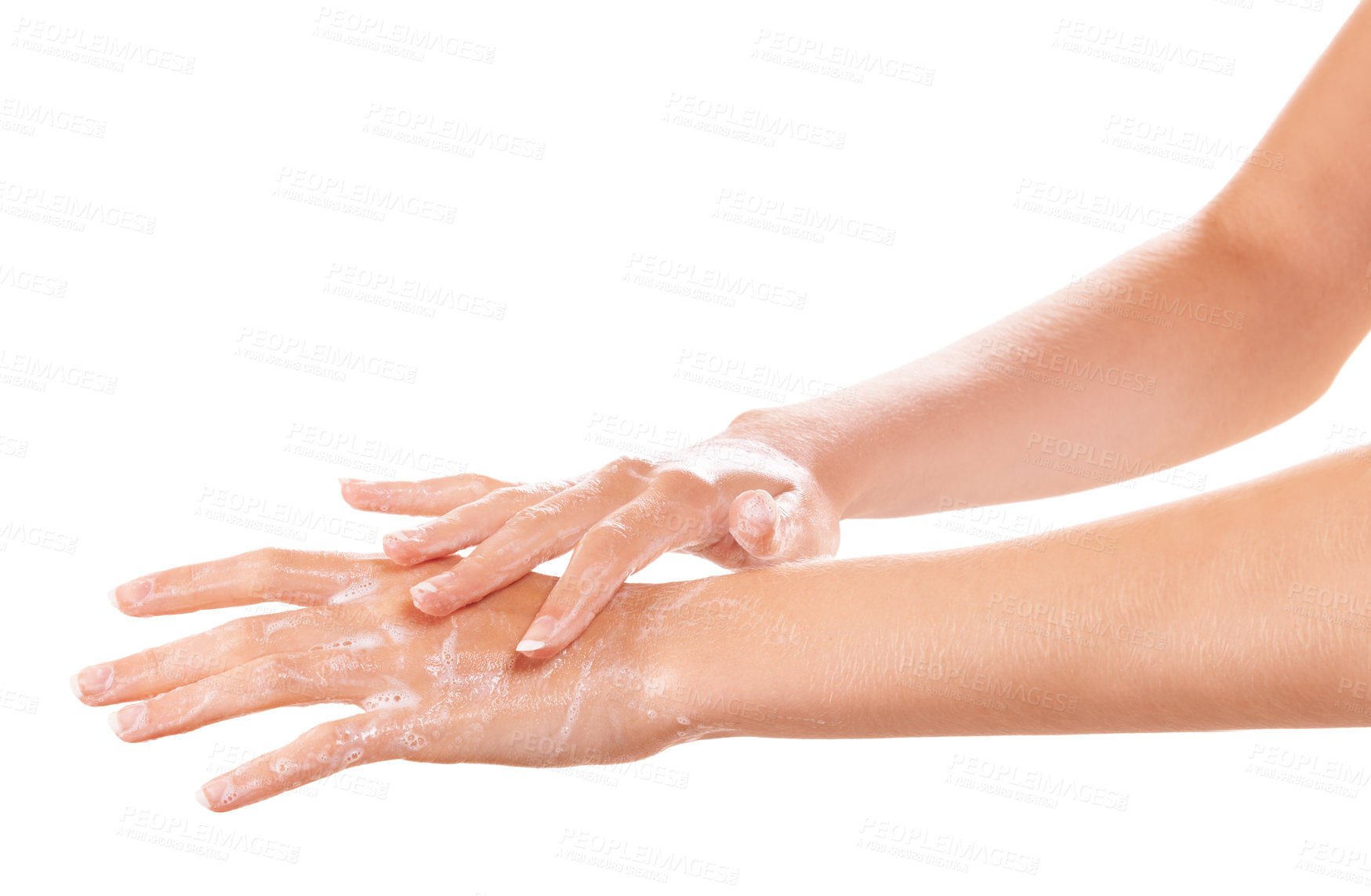 Buy stock photo Skincare, cleaning and washing hands with soap closeup in studio isolated on a white background mockup space. Fingers, nails and woman with foam, dermatology or bacteria prevention, hygiene or health