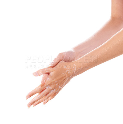 Buy stock photo Skincare, cleaning and washing hands with foam closeup in studio isolated on a white background mockup space. Fingers, nails and woman with soap, dermatology or bacteria prevention, hygiene or health
