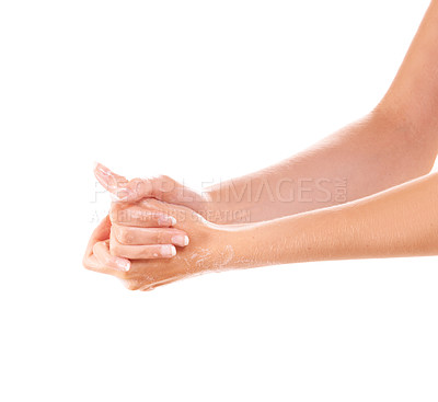 Buy stock photo Skincare, cleaning and washing hands with foam closeup in studio isolated on a white background mockup space. Fingers, nails and woman with soap, dermatology or bacteria prevention, hygiene or health