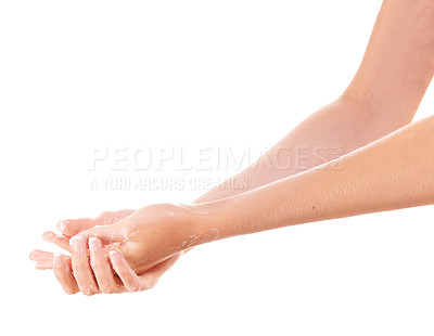 Buy stock photo Health, soap and closeup of washing hands in studio for hygiene, wellness or selfcare. Grooming, cosmetic and zoom of person or model clean skin to prevent germs, bacteria or dirt by white background