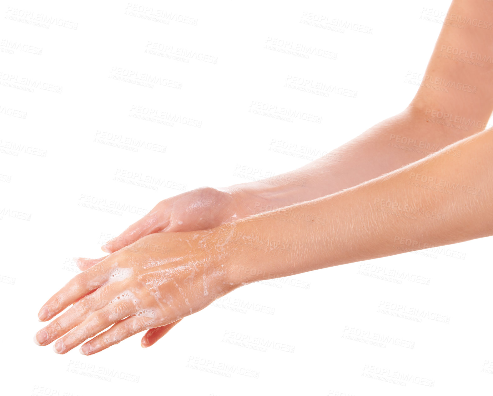 Buy stock photo Hygiene, soap and closeup of washing hands in studio for health, wellness or self care. Grooming, cosmetic and zoom of person or model clean skin to prevent germ, bacteria or dirt by white background