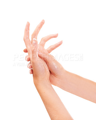 Buy stock photo Health, foam and closeup of washing hands in studio for hygiene, wellness or self care. Grooming, soap and zoom of person or model clean skin to prevent germs, bacteria or dirt by white background.