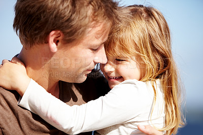 Buy stock photo Happy, hugging and father with child in nature playing, having fun and bonding together. Smile, love and young dad embracing excited girl kid from Canada for conversation with sky in an outdoor park.