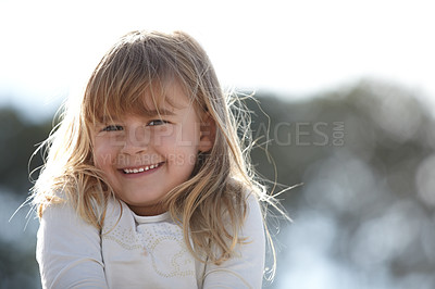 Buy stock photo Nature, smile and portrait of girl child with positive, good and confident attitude in an outdoor park. Happy, cute and young kid from Canada with sweet personality in a field, garden or backyard.
