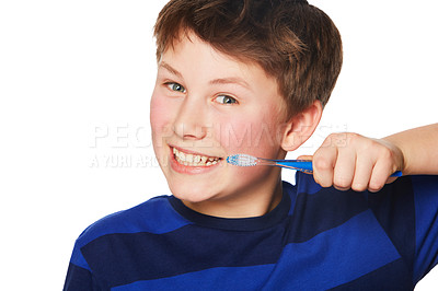Buy stock photo Portrait, smile and kid brushing teeth in studio isolated on a white background. Face, boy and child with tooth brush for oral health, hygiene and dental wellness, fresh breath and cleaning gums.
