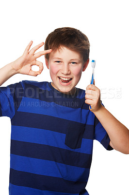 Buy stock photo Toothbrush, portrait or child with perfect hand in studio for dental, care or feedback on white background. Teeth, cleaning or boy kid face with OK, yes or success emoji for oral hygiene or wellness