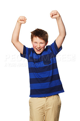 Buy stock photo Portrait, celebration and excited kid with hands raised in studio isolated on a white background. Boy, winner and happy child celebrate achievement, success or winning, happiness and victory.