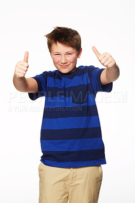 Buy stock photo Portrait, thumbs up and smile of kid in studio isolated on a white background. Boy, hand gesture and child with like emoji for agreement, success or thank you, yes sign and winner, ok and approval.