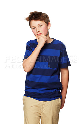 Buy stock photo Children, portrait and thinking with a boy in studio isolated on a white background standing hand on chin. Kids, idea and problem solving with a young male child contemplating a thought or solution
