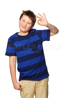 Buy stock photo Portrait, hands and boy child with ok sign in studio for feedback, review or vote on white background. Face, kid model or perfect emoji in support of fashion news, sale or deal with thank you gesture