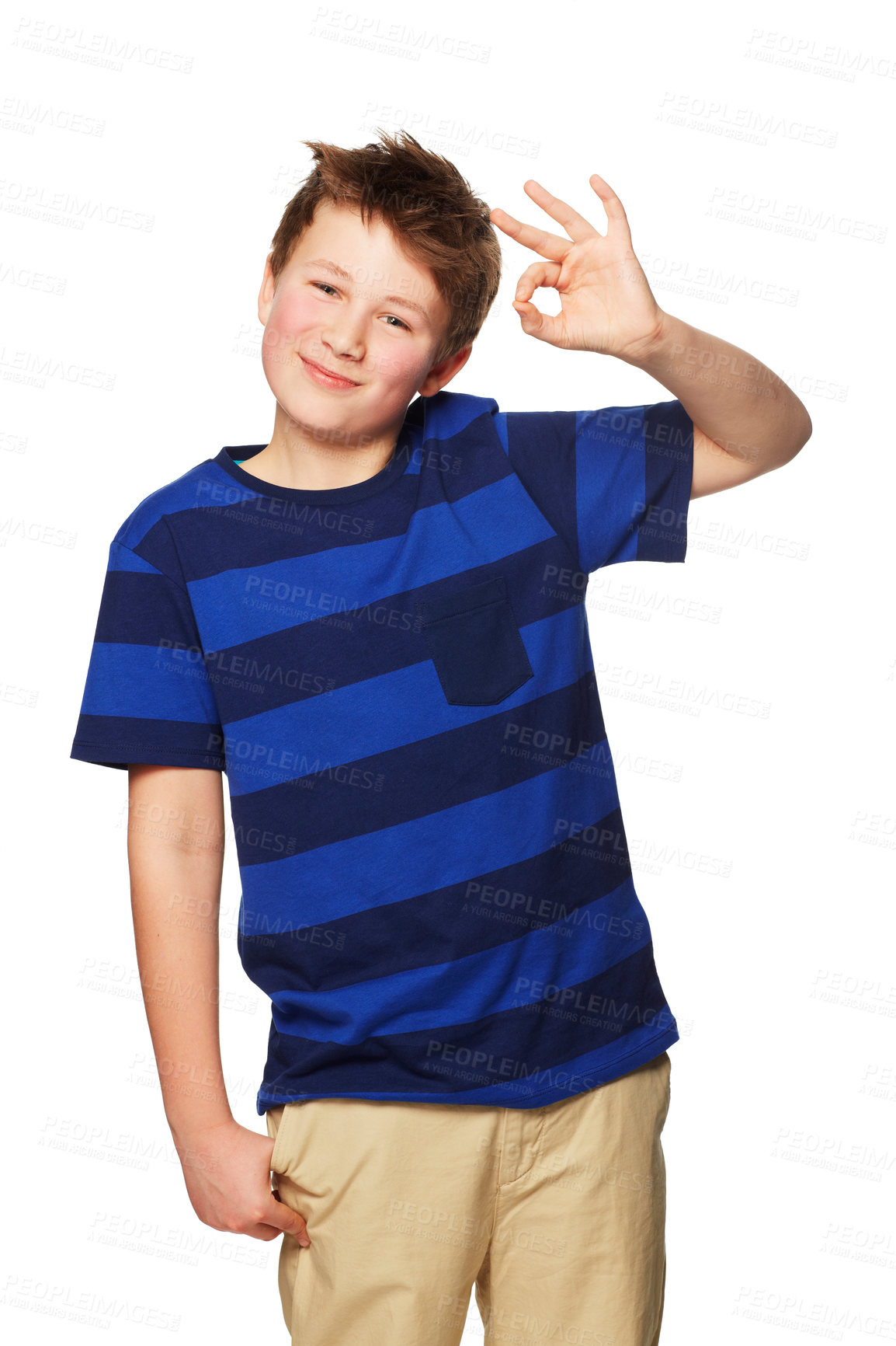 Buy stock photo Portrait, hands and boy child with ok sign in studio for feedback, review or vote on white background. Face, kid model or perfect emoji in support of fashion news, sale or deal with thank you gesture