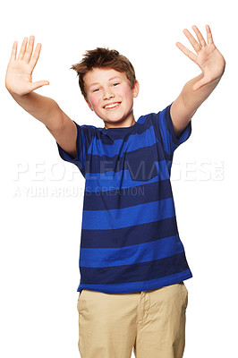 Buy stock photo Portrait, smile and kid showing hands in studio isolated on a white background. Happy, boy and child with palms raised, fingers and counting for education, learning and mathematics for development.