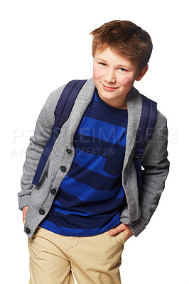 Buy stock photo Happy boy, school and portrait smile standing with hands in his pockets, cool or style isolated on a white background. Young little child or kid student posing with backpack for learning or education