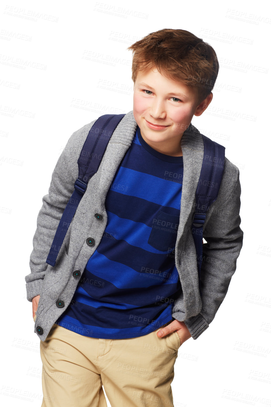 Buy stock photo Happy boy, school and portrait smile standing with hands in his pockets, cool or style isolated on a white background. Young little child or kid student posing with backpack for learning or education