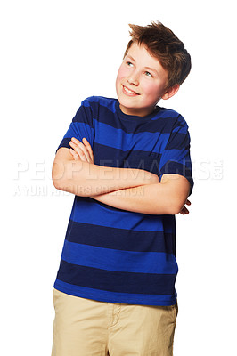 Buy stock photo Thinking, happy and a child with arms crossed and looking up isolated on a white background in a studio. Smile, contemplation and a young boy with happiness, confidence and pride in fashion clothes