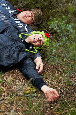 Buy stock photo Drunk, hangover and boys with friends sleeping outdoor on a field together in the morning after a party. Grass, tired or alcoholism with a plus size man and friend asleep on the ground in a park