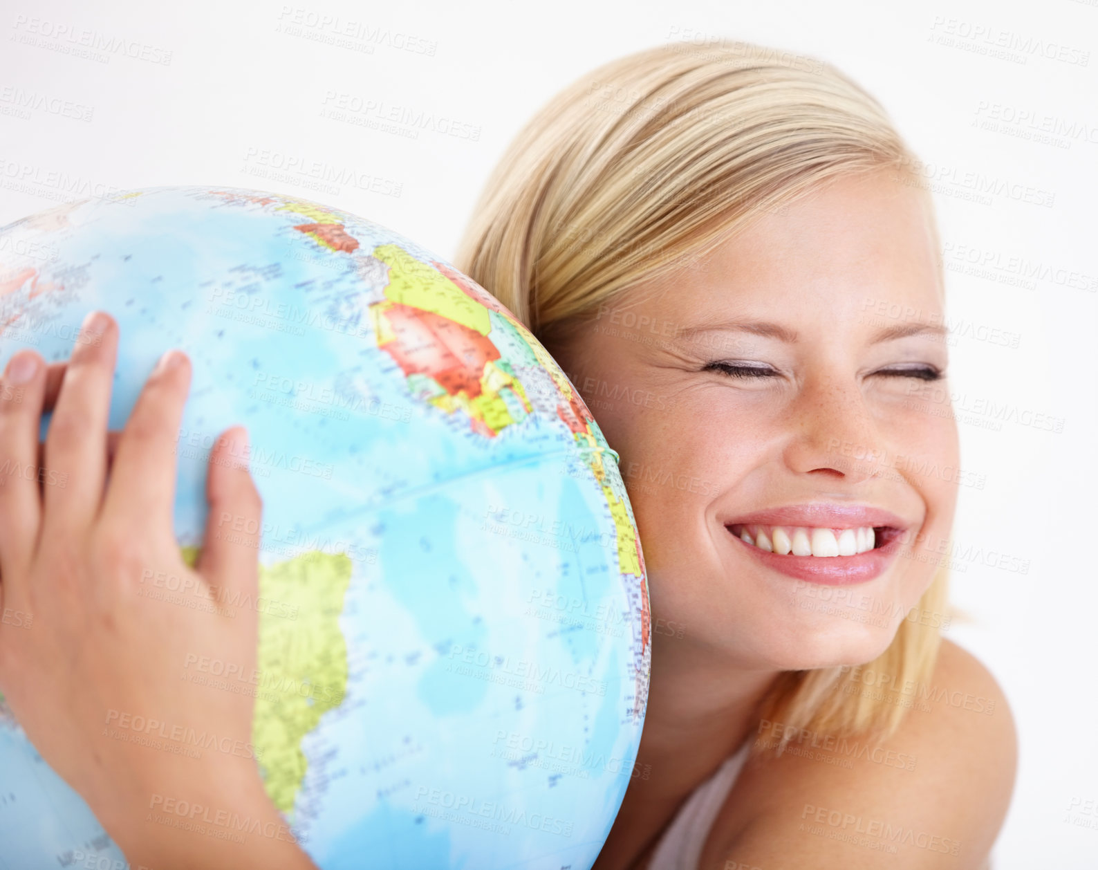 Buy stock photo Woman, travel and globe hug with study and happy from earth day, holiday or international vacation. Smile, world and map for learning and geography with a female person and embrace of the planet