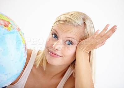 Buy stock photo Woman, travel choice and globe with portrait and happy from earth day, holiday or international vacation. Smile, world and map for decision and idea with a female person and embrace of the planet
