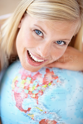 Buy stock photo Excited woman, travel and globe with portrait and happy from earth day, holiday or international vacation. Smile, world and map for learning and geography with a female person and embrace of planet