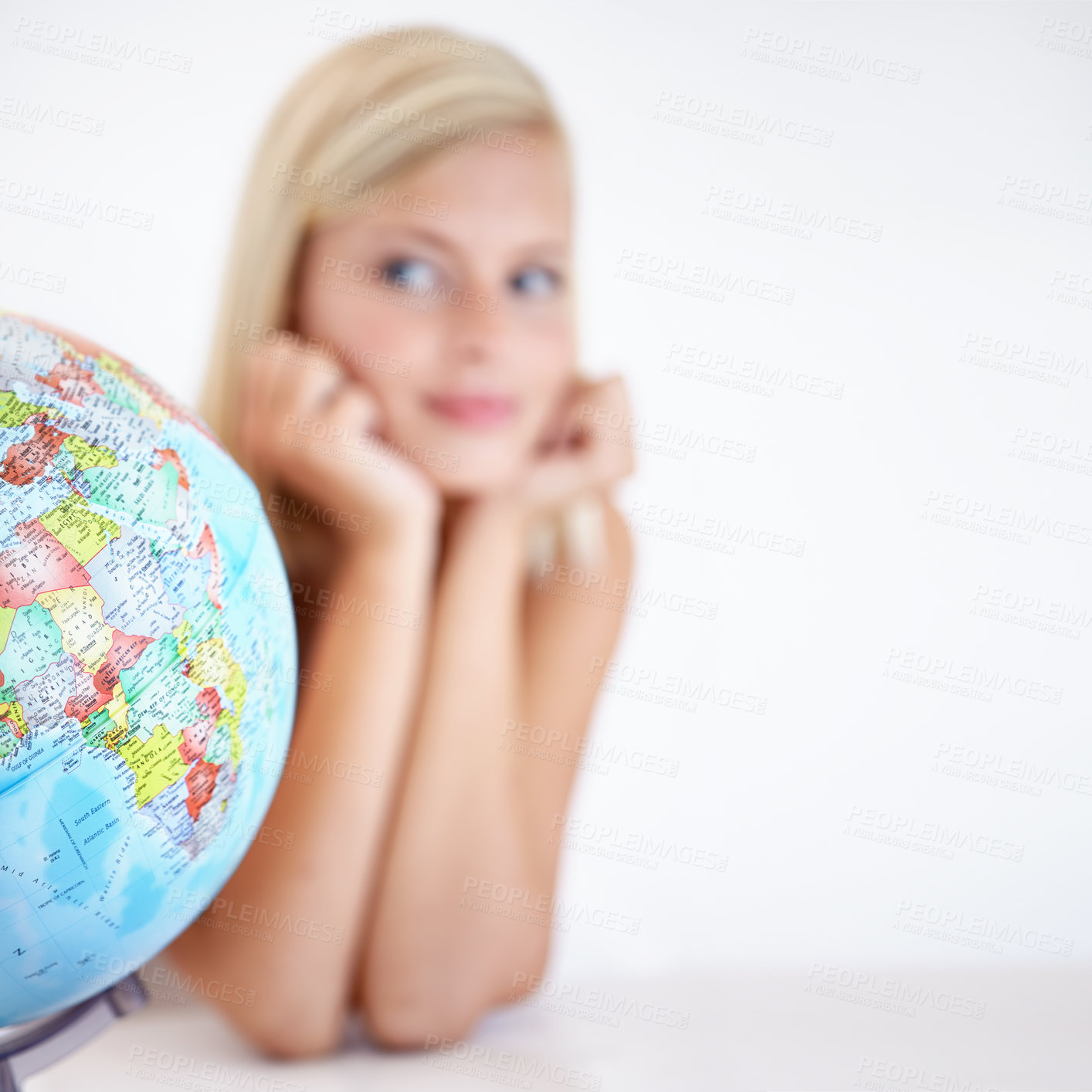 Buy stock photo Globe, earth and a woman thinking about travel in studio on a blurry white background for freedom. Planet, map or atlas and a tourist with an idea for a holiday or vacation destination on the world