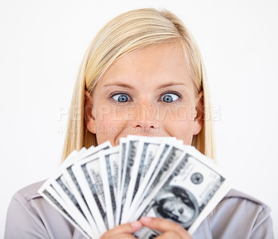 Buy stock photo Excited, silly woman and money with dollars, investment and savings for budget with reward. Wealth, wondering and happy person with cash profit from work bonus in studio with white background