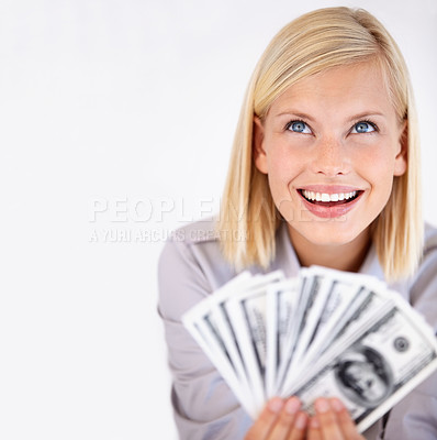 Buy stock photo Thinking, happy woman and money with financial idea, investment and savings for budget with reward. Wealth, wondering and smile with cash profit from work bonus in studio with white background