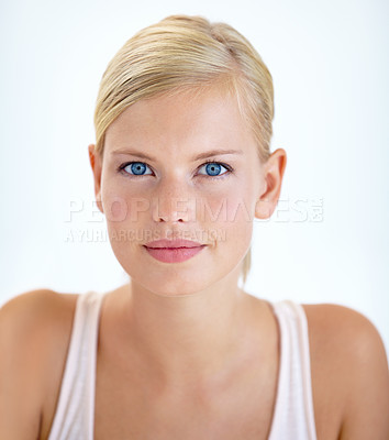 Buy stock photo Portrait, skincare and beauty of blonde woman in studio isolated on a white background. Face, cosmetics and natural model in spa facial treatment, dermatology or healthy skin glow, shine and wellness