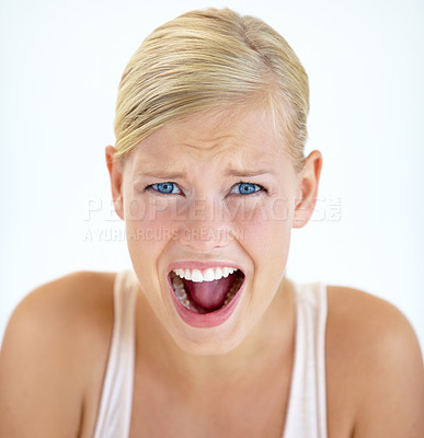 Buy stock photo Portrait, screaming and woman scared, fear and yelling isolated on a white studio background. Face, shouting and blonde person in horror, stress facial expression and surprise, shocked and angry