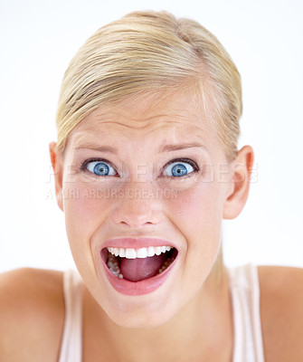 Buy stock photo Portrait, screaming and woman scared, surprise and yelling isolated on a white studio background. Face, shouting and blonde person in horror, stress facial expression and fear, shocked and afraid