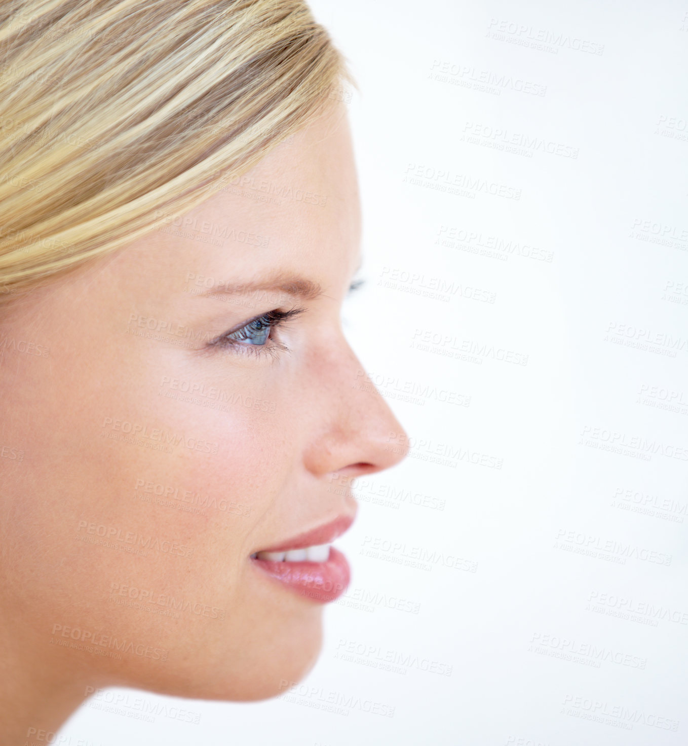 Buy stock photo Face profile, skincare and beauty of woman in studio isolated on a white background mockup space. Thinking, cosmetics or natural blonde model in spa facial treatment, dermatology or healthy skin glow