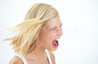 Buy stock photo Angry, frustrated and profile of screaming woman with stress isolated on a white studio background mockup space. Face, shouting and blonde person yelling loud, depression expression or girl in crisis