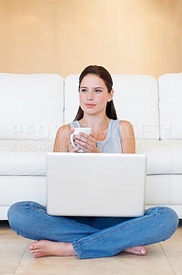 Buy stock photo Laptop, coffee and woman thinking in a living room with remote work and idea in the morning. Hot drink, home floor and tech with tea and online job with blog inspiration and smile with a computer