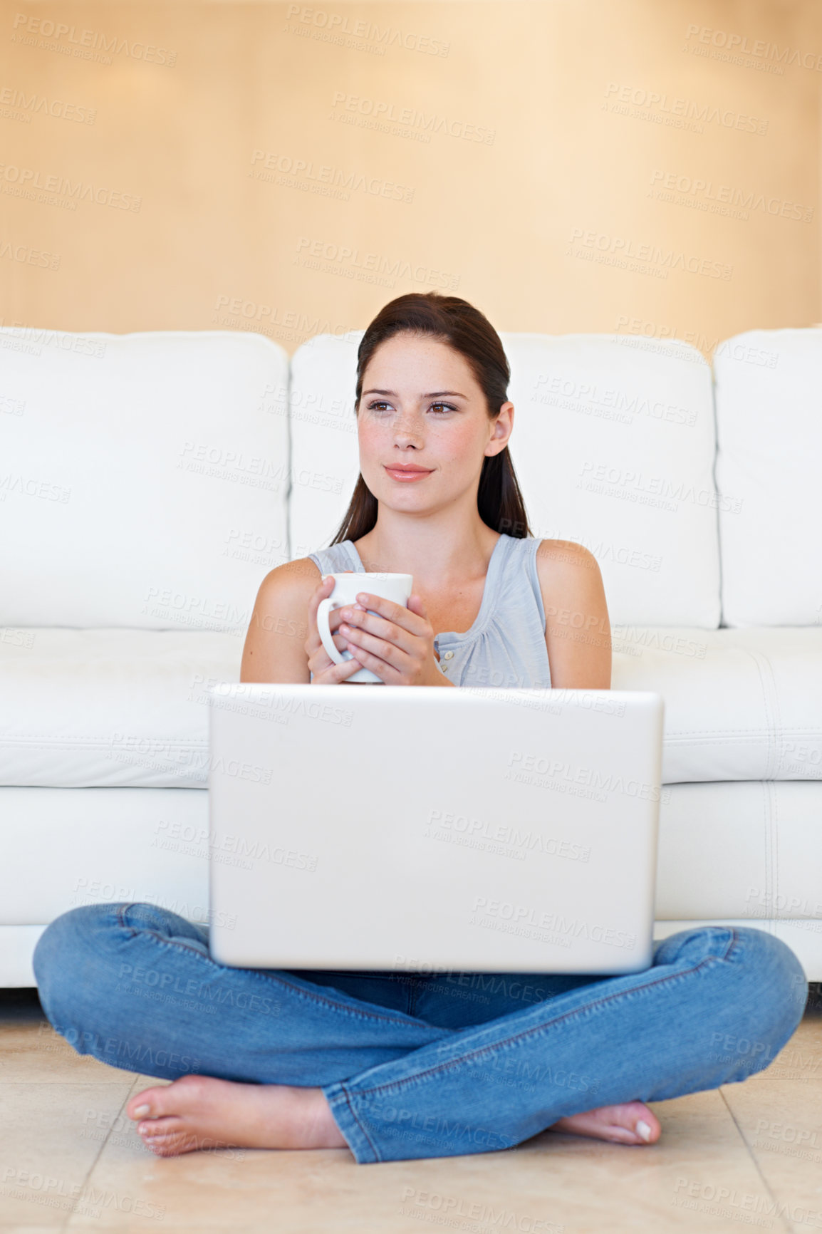Buy stock photo Laptop, coffee and woman thinking in a living room with remote work and idea in the morning. Hot drink, home floor and tech with tea and online job with blog inspiration and smile with a computer
