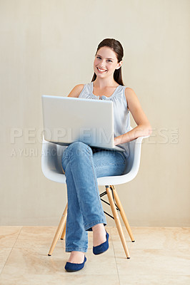 Buy stock photo Happy woman, portrait and laptop sitting on chair for communication or social media at home. Young female person or freelancer smile with computer for online research, email or networking at house