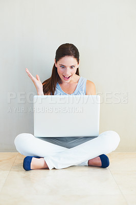 Buy stock photo Surprise, woman and laptop on floor for good news, social media or winning prize at home. Shocked female person or freelancer in wow on computer for notification, deal or alert against wall at house