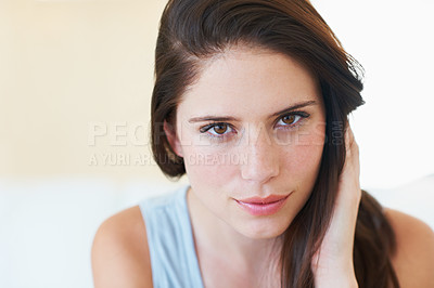 Buy stock photo Portrait, relax and beauty with a young woman in the bedroom of her home for a break in the morning. Face, natural and leisure with a happy person alone in her apartment for weekend time off