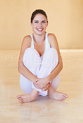 Buy stock photo Smile, thinking and relax with a woman on the floor of her home for contemplation about the future. Idea, vision or memory with a happy young person sitting down in her apartment for weekend chilling