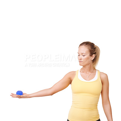 Buy stock photo Stress ball, health and woman in studio for mindful, fitness and arm exercise with focus. Squeeze, sport equipment and young female person from Canada with anxiety relief isolated by white background