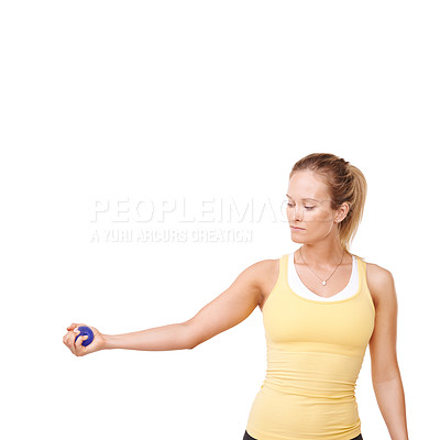 Buy stock photo Stress ball, wellness and woman in studio for mindfulness, fitness and arm exercise with focus. Health, equipment and young female person from Canada with anxiety relief isolated by white background.