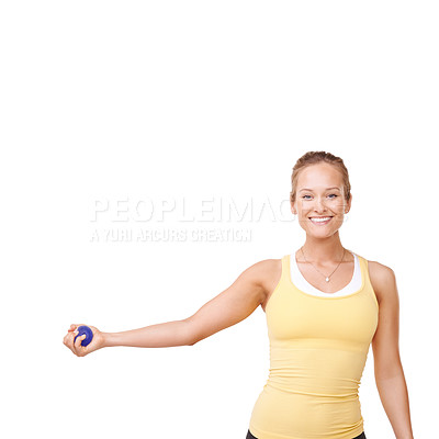 Buy stock photo Happy woman, squeeze and stress ball in fitness for exercise against a white studio background. Female person smile in relief, tension or anger management for gym workout or training on mockup space