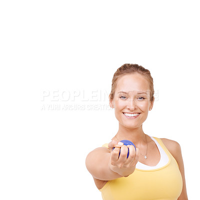 Buy stock photo Stress ball, portrait and happy woman in studio for  fitness and arm exercise with smile. Health, equipment and toung female person from Canada with anxiety relief isolated by white background.
