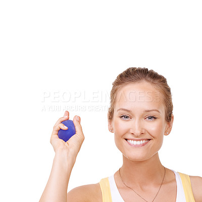 Buy stock photo Stress ball, portrait and young woman in studio for mindful, fitness and arm exercise with smile. Smile, equipment and happy female person from Canada with anxiety relief isolated by white background