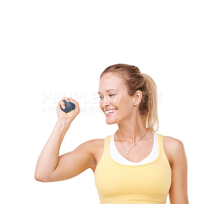Buy stock photo Happy woman, stress ball and squeeze in anger management or anxiety against a white studio background. Young female person or palm smile with round object for relief or tension on mockup space