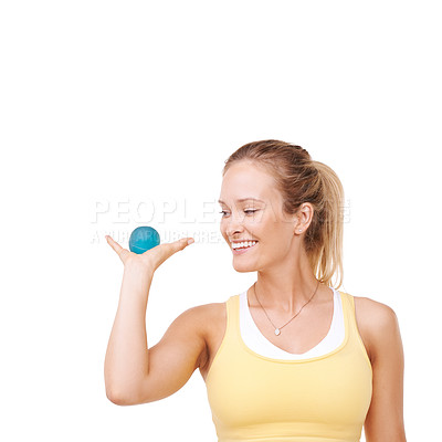 Buy stock photo Happy woman, stress ball and anger management for anxiety against a white studio background. Face of young female person or palm smile with round object in exercise, relief or tension on mockup space