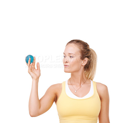 Buy stock photo Woman, stress ball and relax in face for anxiety against a white studio background. Anger management and young female person or palm with round object in exercise, relief or tension on mockup space