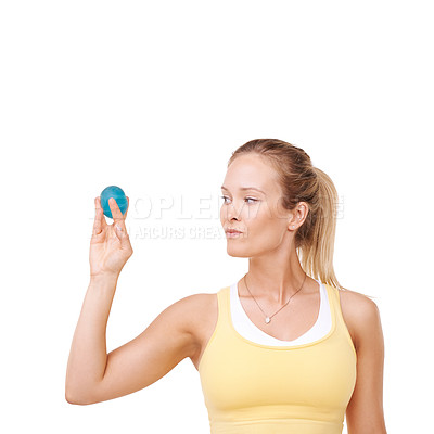 Buy stock photo Woman, squeeze and stress ball in fitness for exercise against a white studio background. Serious female person in relief, tension or anger management in gym workout or training on mockup space