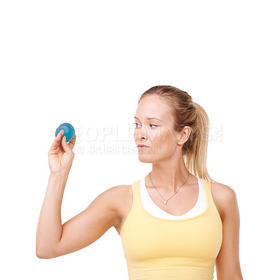 Buy stock photo Serious woman, squeeze and stress ball in fitness for exercise against a white studio background. Female person in relief, tension or anger management in gym workout or training on mockup space