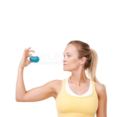 Buy stock photo Serious woman, squeezing and stress ball in fitness for exercise against a white studio background. Female person in relief, tension or anger management in gym workout or training on mockup space