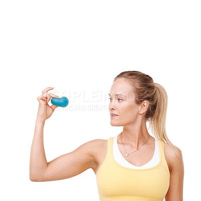 Buy stock photo Strong woman, squeeze and stress ball in fitness for exercise against a white studio background. Young female person in relief, tension or anger management in gym workout or training on mockup space