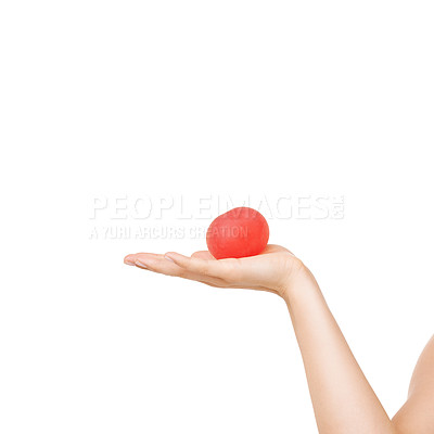 Buy stock photo Woman, hand and stress ball for anxiety, fitness or exercise against a white studio background. Closeup of female person or palm with round object for anger management, relief or tension on mockup